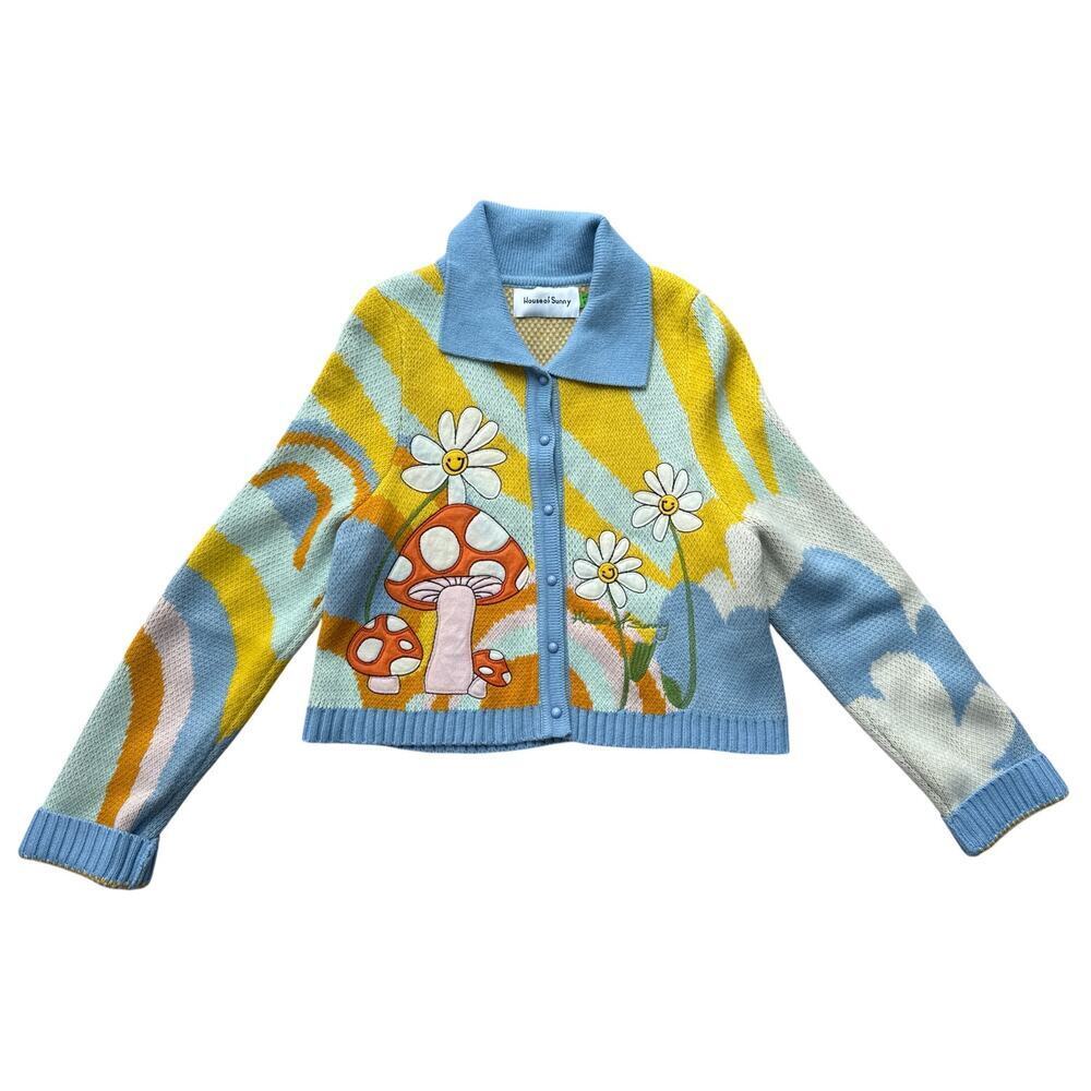 House of Sunny Yellow Blue Mushroom Daisy Flowers Long Sleeve Sweater Cardigan 6